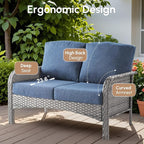 2 Pieces Wicker Patio Furniture Loveseat with Table - Outdoor Rattan Patio Bistro Set of 2,All-Weather PE Wicker Conversation Sofa High Back Deep Seating for Deck Porch Yard,Blue