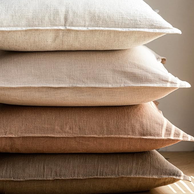Foindtower Pack of 2, Decorative Linen Soild Throw Pillow Covers Soft Accent Cushion Case Boho Farmhouse Pillowcase for Chair Couch Sofa Bedroom Living Room Home Decor 20 x 20 Inch Light Khaki Brown
