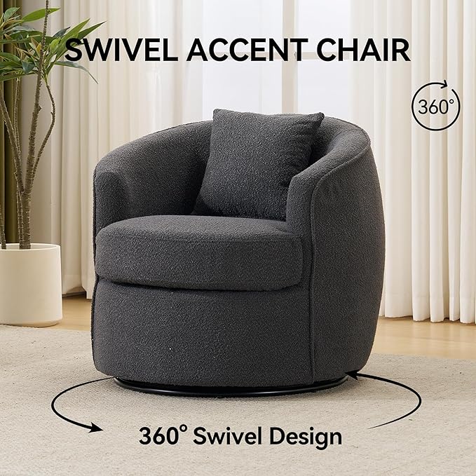 Swivel Accent Chair, Modern Upholstered Boucle Barrel Arm Chairs with Pillow for Living Room, 360 Degree Round Swivel Sherpa Armchair with Round Base for Bedroom Club (1, Dark Grey)
