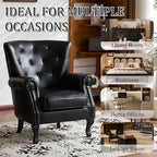 Modern Faux Leather Accent Chair, Upholstered Mid-Century Armchair with Solid Wood Legs, Single Sofa Chair for Living Room, Bedroom, or Reading Room（Black）
