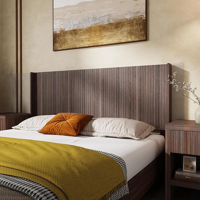 KEIKI Wooden Queen Size Headboard Only, 64.5" Wide Farmhouse Headboards with Wall Mounted Fluted Panel & Wingback for Bedroom, Walnut Brown