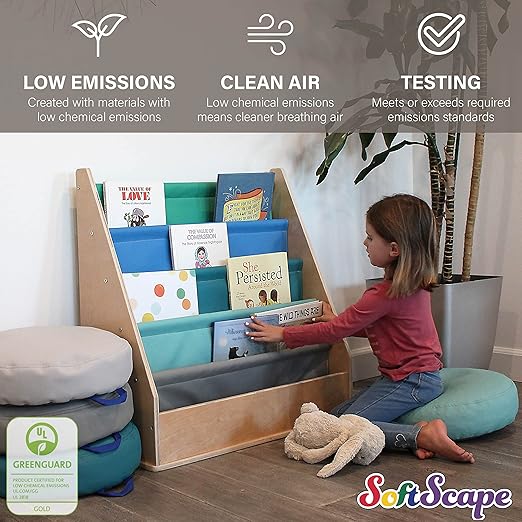 FDP Birch SoftScape Sling Book Display, 4-Shelf Vinyl Storage for Kid's Books and Magazines, Children's Furniture for Bedroom, Playroom, Daycare, Preschool or Classroom - Gray/Light Gray, 13745-GYLG