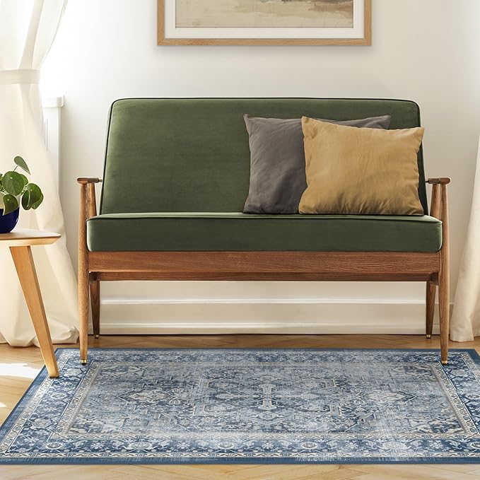 RUGGABLE Washable Area Rug – Kamran Admiral Blue 3x5, Stain-Resistant, Non-Slip – Small Machine Washable Rugs for Living Room, Bedroom, Hallway, Entryway & Office–with Cushioned Pad