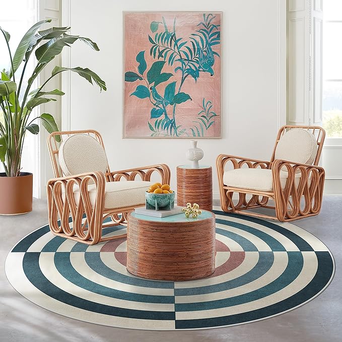 RUGGABLE x Jonathan Adler Machine Washable Modern Area Rug – Op Art Teal 6 ft Round, Stain-Resistant, Non-Slip – Medium Rugs for Living Room, Bedroom, Hallway, Entryway & Office–with Cushioned Pad
