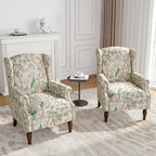 Wingback Accent Chairs Set of 2, High Back Upholstered Armchair, Printed Fabric Wingback Arms Chairs with Wood Legs, Single Sofa Reading Chair for Bedroom Living Room, Bird