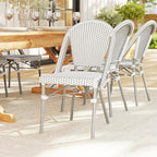 Martha Stewart Lily Pond Indoor-Outdoor Stackable Aluminum Bistro Chair with Gray Woodgrain Frame Finish and White/Gray Woven Rattan Backrest and Seat