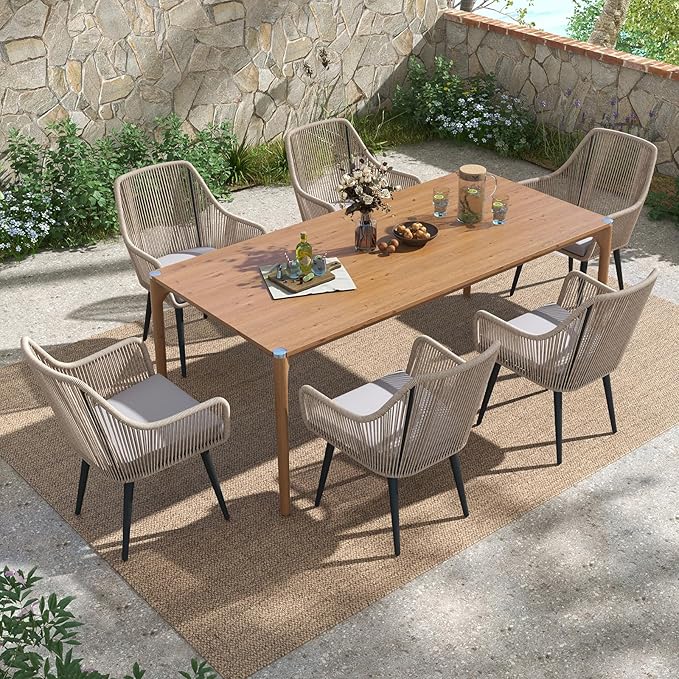 JOIVI Outdoor Dining Chairs Set of 6, 6 Pieces Woven Rope Patio Chairs with Armrest and Seat Cushions for Outside Porch, Balcony or Indoor Dining Kitchen, Restaurant, Tan