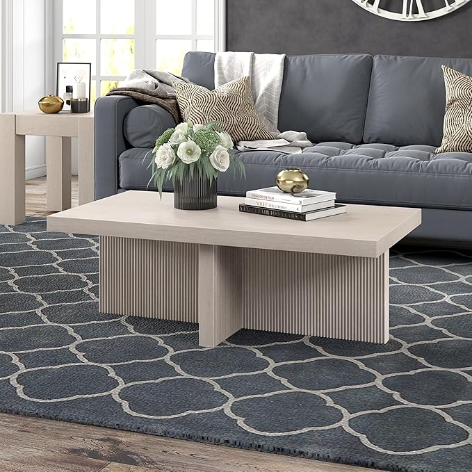 Henn&Hart 44" Fluted Rectangular Wood Pedestal Low-Profile Coffee Table for Living Room, Family Room or Office, Alder White