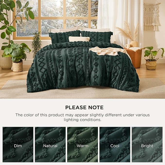 Bedsure Tufted Boho Comforter Set Queen Size - Dark Green Boho Bed Set, GentleSoft™ 3 Pieces Farmhouse Shabby Chic Embroidery Bedding, Gifts for Woman, Soft Jacquard Queen Comforter for All Seasons
