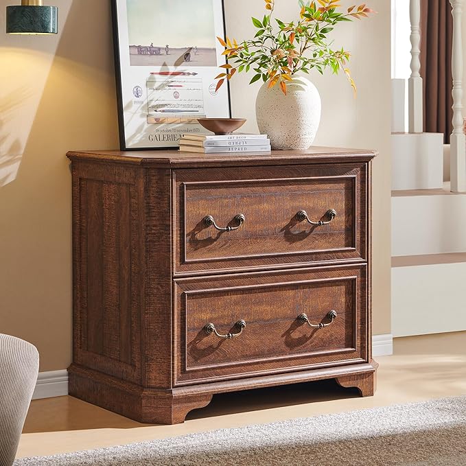T4TREAM 34" Farmhouse Lateral File Cabinet for Home Office, Large 2-Drawer Wood Filing Cabinet w/Smooth Rails, Fits Letter/Legal Files, Storage Cabinet w/Framed Drawer Front Design, Brown