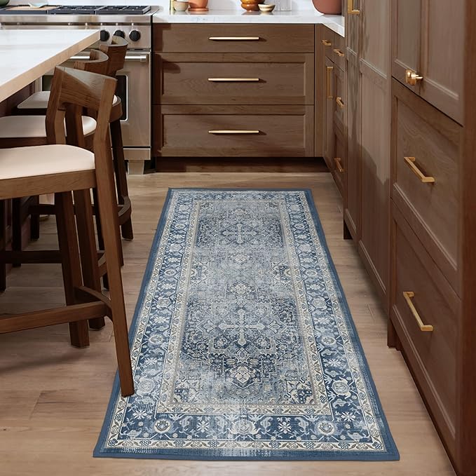 RUGGABLE Washable Vintage Runner Rug – Kamran Admiral Blue 2.5x7, Stain-Resistant, Non-Slip Hallway Runner – Machine Washable Rug for Hallway, Entryway, Living Room & Kitchen–with Standard Pad