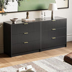 3-Piece Dresser Bedroom Set, 8 Drawer Dresser & 3 Drawer Nightstands with Gold Handles, Fluted Wood Chest of Drawers for Bedroom, Living Room, Entryway, Black