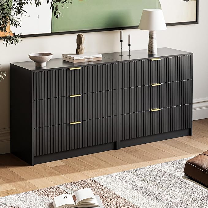 3-Piece Dresser Bedroom Set, 8 Drawer Dresser & 3 Drawer Nightstands with Gold Handles, Fluted Wood Chest of Drawers for Bedroom, Living Room, Entryway, Black
