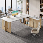 Tribesigns 74.8 Inch Executive Desk, Large Office Desk with Cabinet, L Shaped Computer Desk with Shelves and CPU Storage, Modern Home Office Desks Business Furniture Workstation Set, White and Wood
