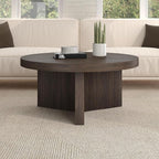 Henn&Hart 32" Fluted Round Low-Profile Coffee Table with Ribbed Pedestal Base Living Room, Family Room, Office, or Apartment, Alder Brown
