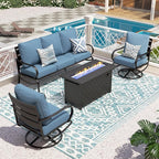 PHI VILLA 4 Piece Patio Furniture with FirePit Table, Metal Outdoor Furniture Set with 3-Seat Wide Deep Seating Bench & 2 x Swivel Sofa Chairs, Outdoor Conversation Set for 5, Navy Blue