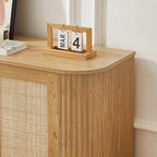 LKTART 64" Sideboard Buffet Cabinet with Storage, Wooden Fluted Storage Cabinet Sideboard with Adjustable Shelves Pressed Spring Rattan Doors for Kitchen Living Room (Natural)