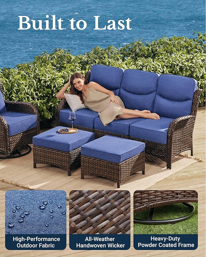 HILLGA Luxury Patio Furniture Set with 6-inch Thick Cushion, Outdoor Couch and High Back Swivel Rocker Patio Chairs, 7PCS Wicker Conversation Set for Deck Yard and Poolside, Blue (V2)