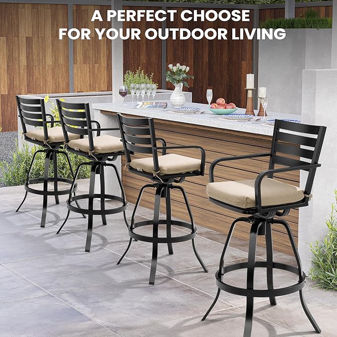 Pellebant Outdoor Bar Stools Set of 4 with Sunbrella Cushion, 29.5" Aluminum Swivel Bar Height Stool Chairs with Back & Footrest, Rust-Proof Patio Bartools for Deck Lawn Garden, Beige