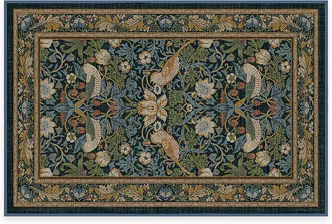 RUGGABLE x Morris & Co Machine Washable Area Rug – Strawberry Thief Indigo 2x3, Stain-Resistant, Non-Slip – Small Rugs for Living Room, Bedroom, Hallway, Entryway & Bathroom–with Cushioned Pad