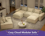 Hobestluk 120" Cloud Modular Sectional Couch 3-Seater Sofa with Ottomans U Shaped Couch Deep Seat Sofa with Removable Cover Large Sofa for Living Room (Beige, 3-Seater Sofa with Two Ottomans)