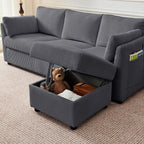 79" L Shaped Couch with Storage Ottoman, 3 Seater Corduroy Sofa with 2 Pillows and Storage Pockets, Small Modern Couches for Living Room, Apartment, Small Spaces, Home Office, Grey