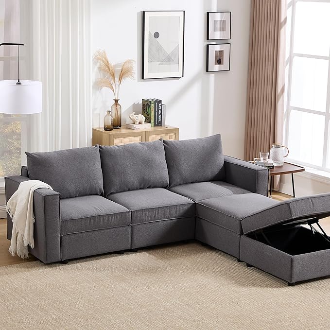 90 Inches Cloud Modular Sectional Sofa, U Shaped Linen Couch with Reversible Chaise, 3 Seater Convertible Comfortable Sofa Couch for Living Room/Apartment, Grey