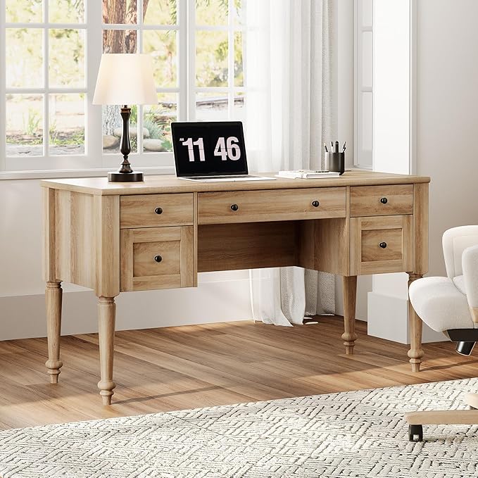 WAMAPT Farmhouse Executive Desk with 5 Drawers, Home Office Desk with Charging Station, Wood Computer Desk with File Cabinet Storage, Door, Open Shelf for Work and Study, Oak, 55 inch