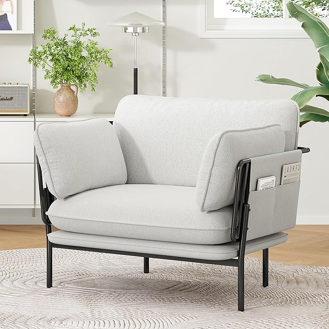 Modern Accent Chairs Set of 2, Oversized Living Room Chairs, Reading Chair with Solid Metal Legs, Fabric Armchair with Side Pockets and 2 Pillows, Accent Chairs for Bedroom, Nursery, White