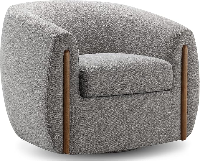 CHERS Aspen Swivel Accent Chair with Wood Accents, Bouclé Upholstered Armchair for Living Room, 360° Swivel Barrel Chair with High-Density Cozy Foam Cushioning, Modern Design, Gray
