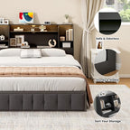 Queen/Full Headboard Queen Size with Storage, Wood Bookcase Headboard with Charging Station & 2 LED Lights, Modern Headboard Only for Queen Size Bed, Noise-Free, Sturdy and Durable, Black