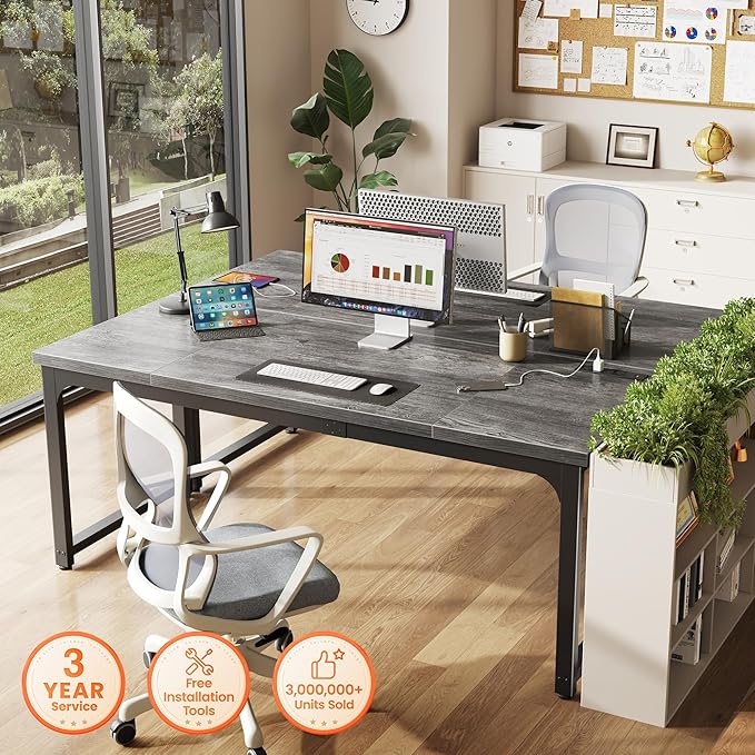 Huuger 63 x 24 inch Desk with Power Outlets & USB-C, Deeper & Thicker Desktop, Robust Metal Tubes, Computer Desk, Heavy Duty Office Desk, Work Gaming Desk, for Home Office, Grey