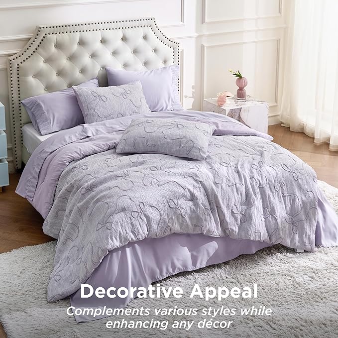 Bedsure Twin Size Comforter Set, Light Purple Boho Tufted Bed Set, 3D Puffy Jacquard Bedding Twin Size, 2 Pieces, 1 Farmhouse Shabby Chic Embroidery Comforter with Bow Pattern & 1 Pillow Case