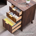 T4TREAM Fluted Executive Desk with Drawers, 60" Modern Home Office Computer Desk with Charging Station, File Cabinet, Keyboard Tray and Storage Cabinet for Study, Living Room, Bedroom, Dark Walnut