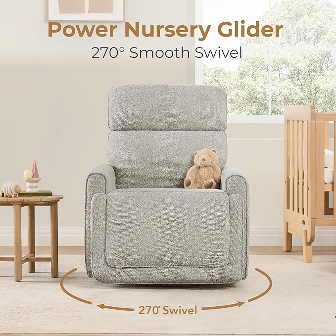 CHITA Electronic Power Recliner Chair Swivel Glider, FSC Certified Modern Nursery Rocking Chair with USB and Type-C Ports, Light Grey
