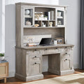 OKD 60" Executive Desk with Hutch and Drawers, Farmhouse Home Office Desk with Charging Station, Keyboard Tray, File Cabinet Storage, Wood Computer Desk for Work and Study, Light Rustic Oak