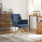 Art Leon Swivel Armchair - Mid Century Modern Office Chair No Wheels, Fabric Upholstered Accent Chair with Oak Wood Legs for Small Space Living Room Bedroom, Blue