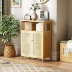 HITNET Rattan Bathroom Storage Cabinet, Bamboo Floor Cupboard with 2 Doors, Freestanding Side Organizer for Living Room, Kitchen, Entryway, Natural