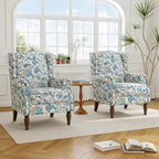 Accent Chair, Upholstered High Back Floral Armchair with Nailhead Trim & Wood Legs, Comfy Wingback Reading Single Sofa Chair for Small Spaces, Living Room, Bedroom ( Boho Blue Floral, Set of 2)