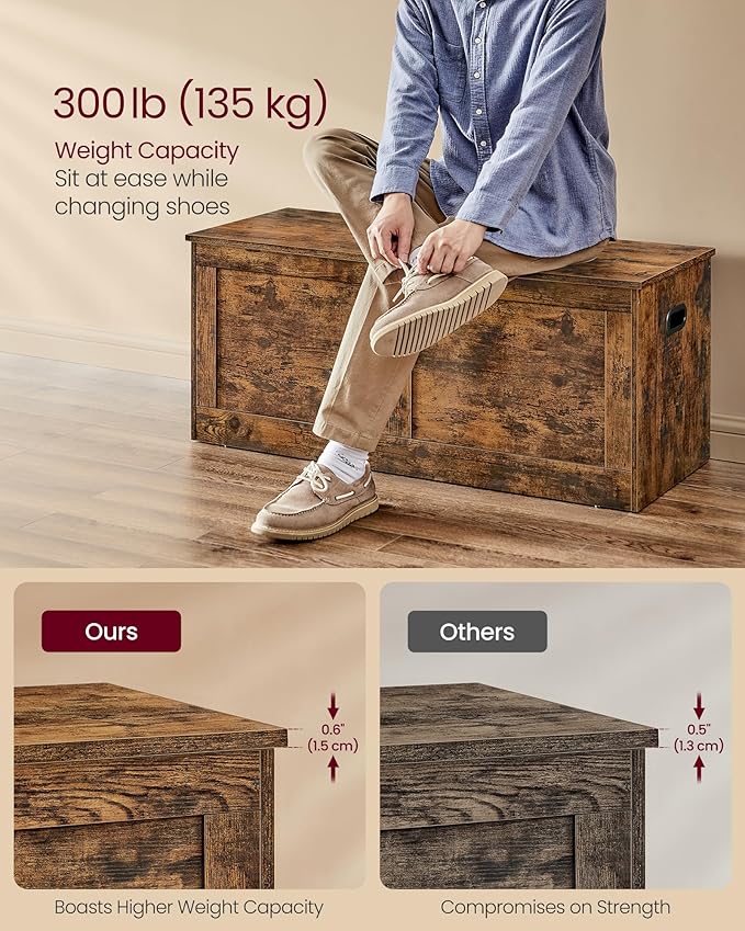 VASAGLE Storage Chest, Storage Trunk with 2 Safety Hinges, Storage Bench, Shoe Bench, Farmhouse Style, 15.7 x 39.4 x 18.3 Inches, for Entryway, Bedroom, Living Room, Rustic Brown ULSB164K01