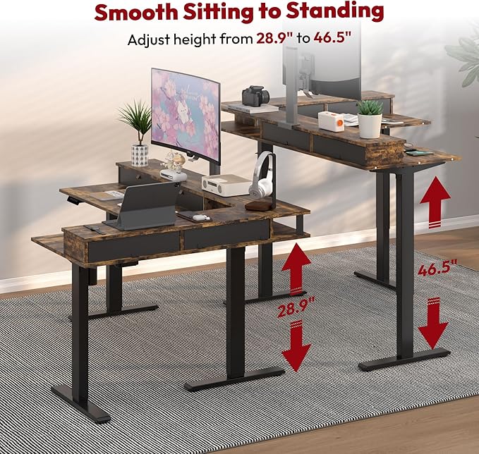 SANODESK L Shaped Standing Desk with 3 Drawers, Height Adjustable Stand up Desk, Corner Gaming Desk with Monitor Stand (Rustic Brown, 63"x47")