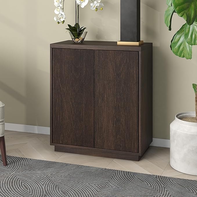 Henn&Hart 28" Fluted Wooden Accent Cabinet, Modern Ribbed Sideboard Buffet Cabinet with 2 Doors and an Adjustable Shelf for Living Room, Dining Room, Bedroom or Entryway, Alder Brown