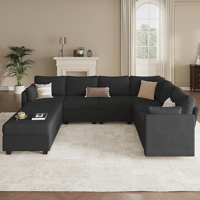 Modular Sectional Sofa Couches, Large Convertible Modular Couches with Storage, 8-Seater Sectional Sofa for Living Room, U Shaped Sectional Couch Sleeper Sofa with Chaise (Black, 8 Seats)