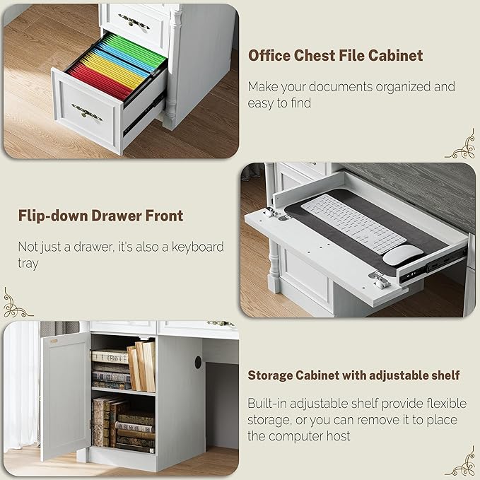 Farmhouse Executive Desk with Storage Drawers and File Cabinet, 60" Vintage Home Office Desk with Power Outlet and Roman Column, Wood Computer Desk with Keyboard Tray for Work and Study, Antique White