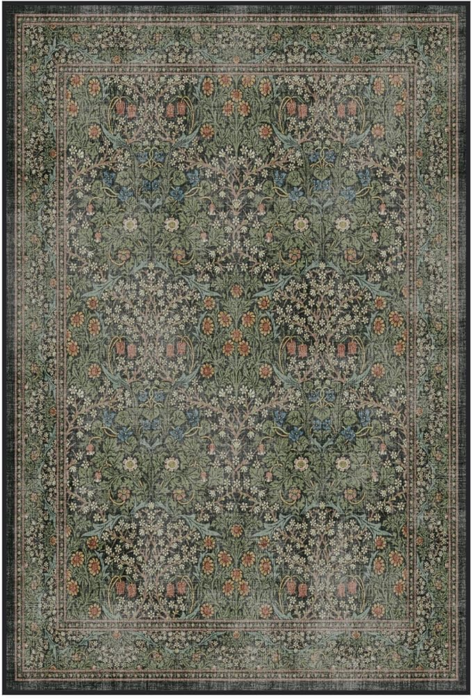 RUGGABLE x Morris & Co Washable Area Rug– Blackthorn Forest Green 4x6, Stain-Resistant, Non-Slip – Medium Machine Washable Rugs for Living Room, Bedroom, Hallway, Entryway & Office–with Cushioned Pad