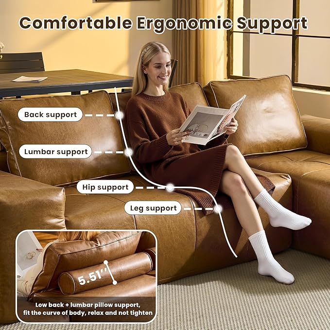114" Cloud Sectional Couch with L-Shape Chaise & Ottoman, Modern Boneless Couches for Living Room, Fluffy Tufted Deep Seat Modular Sofa No Assembly (Faux Leather,Brown,Right Facing)