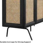 NTC MOSSIC Modern Sideboard with 3 Doors, Natural Rattan Storage Cabinet, Buffet with Metal Legs, Boho Accent Cabinet for Living Room, and Entryway, Effortless Assembly - Burnt Black