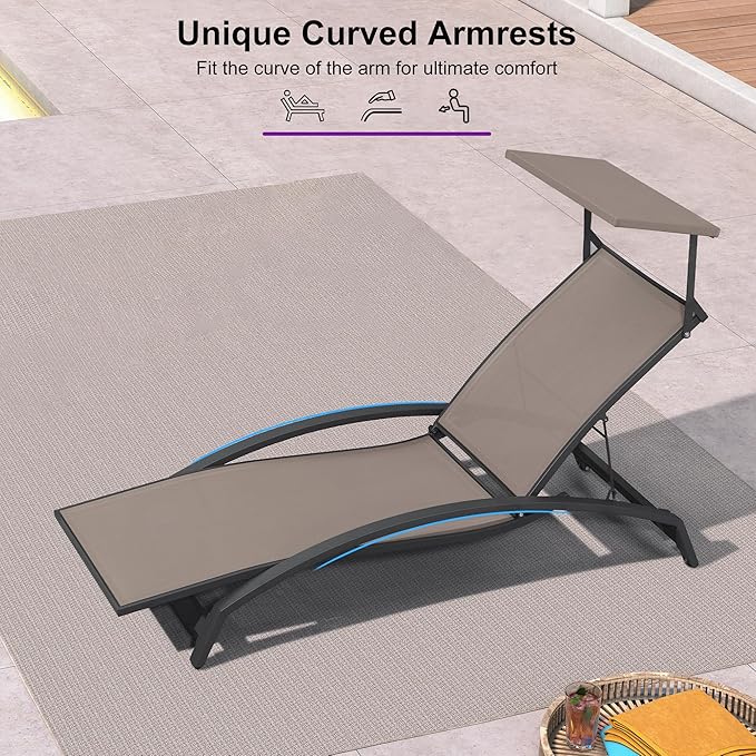 PURPLE LEAF Patio Lounge Chair with Canopy Shade Outdoor Chaise Lounge Chair Set of 2 for Lawn Poolside Backyard Sunbathing Tanning Chairs with Arm Brown