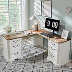 T4TREAM 59" Executive L Shaped Desk with Drawers,Farmhouse Wood Computer Coner Desk, Featuring Charging Station,File Drawer, Storage Cabinet,for Home Office Work and Study (Antique White)