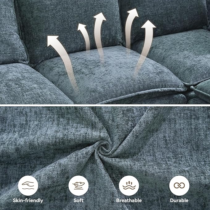 105" Cloud Modular 4 Seater Sofa with 2 Storage Ottoman, Modern Upholstered Sofa Storage Sofa Couch Deep Seat, U Shape Sectional Sofa Chenille Comfy Couch with Armrests for Living Room, Blue